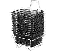 12 Pack Black Wire Shopping Baskets With Handles, Stackable Cart For Supermarket, Laundry Or Grocery. Portable Metal Basket Set With Stand. Foldable Design For Easy Storage And Transport.