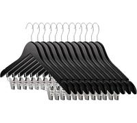 12 Pack Black Wooden Hangers with Clips, Solid Wood Suit Skirt Hangers with Heavy Duty Clips, Smooth Finish Black Wooden Hanger for Clothes Coat Jeans Blouse Pants
