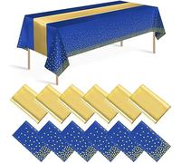 12 Pack Blue and Gold Tablecloth and Table Runner Party Decorations, Royal Blue and Gold Plastic Disposable Tablecloth and Satin Table Runner for Wedding Birthday Bridal Graduation Anniversary Party