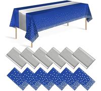 12 Pack Blue and Silver Tablecloth and Table Runner Party Decorations, Blue and Silver Plastic Disposable Tablecloth and Satin Table Runner for Wedding Birthday Bridal Baby Shower Anniversary Party