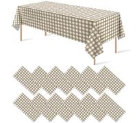 12 Pack Brown and White Plastic Checkered Tablecloth, Premium Decorative Disposable Tan Gingham Plaid Table Cloths for Parties, Rectangle Party Table Cover for Picnic Farm Birthday Fall, 54x108 Inch