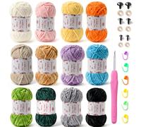 12 Pack Chenille Chunky Yarn - Baby Yarn for Crocheting Soft - Yellow Green Blue Purple Gray White Black Velvet Yarn Crochet Blanket - Amigurumi Yarn Pack with Crochet Accessories E