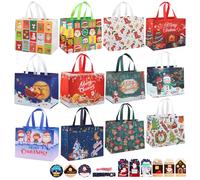 12 Pack Christmas Bags Christmas Tote Bags Multipack Large Medium Size Reusable Xmas Gift Bag with Handle Shopping Xmas Presents Wrapping Bag Party Gift Bags for Kids Adult with Tags