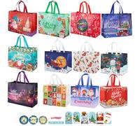 12 Pack Christmas Bags Christmas Tote Bags Multipack Large Medium Size Reusable Xmas Gift Bag with Handle Shopping Xmas Presents Wrapping Bag Party Gift Bags for Kids Adult with Tags