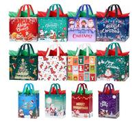 12 Pack Christmas Bags with Tissue Paper, Reusable Tote Bag with Handles Includes 8 Large 13",4 Medium 10" Christmas Treat Shopping Bags, Xmas Party Favor Bags Decorations