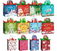 12 Pack Christmas Tote Bags with Tissue Paper Includes 8 Large 13",4 Medium 10" Treat Bags for Xmas Party Favors