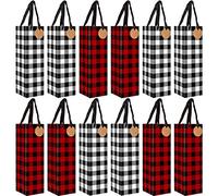 12 Pack Christmas Wine Bags Red Black White Buffalo Plaid Wine Gift Bags with Kraft Paper Tags Holiday Bottle Bags for Winter Christmas Party Favor Home Table Decoration, 4 x 4 x 13 Inch(White)