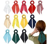12 Pack Colorful Solid Satin Long Ribbon Hair Bows for Girls Scrunchies Hair Ties for Thick Hair Ponytail Holders Headbands Elastics Rubber Hairbands Bubbles Rings 90s Hair Accessories for Women