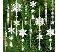 12 Pack Crystal Christmas Ornaments for Tree Decorations, HAYHOI Acrylic Snowflake & Icicle & Ribbons for Winter Wonderland Santa, Hanging Ornament for Xmas New Year Party DIY Décor Indoor Supplies