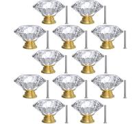 12-Pack Crystal Glass Cabinet Knobs for Home Decor, Vanity Drawers, Desks, Wardrobe Doors, Standard Screws Easy Installation for Home Refurbishment and Redecoration (Clear Crystal, 40mm, Gold Base)