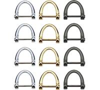 12 Pack D-Rings, Horseshoe Shape D Ring, U Shape D Rings, Screw in Shackle Semicircle D Ring, with Small Screwdriver for DIY Leather Craft Accessories, Silver Black and Gold (1x1 inches)