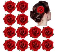12 Pack Flamenco Dancer Mexican Red Rose Flower Brooches Pins Alligator Hair Clips Barrettes Prom Party Wedding Bridal Hair Accessories Headpieces for Women Girls