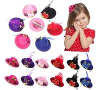 12 Pack Fluffy Dual Flower Hair Clips with Feathers, Mini Top Hat Hairpins for Dolls, Stage Costume Accessories (5.8CM, 6 Color Mix)
