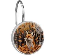 12 Pack Forest Fox Autumn Leaves Shower Curtain Hooks Rings, Rust Proof Stainless Steel Shower Rings for Bathroom Accessories and Curtain Rod