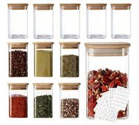 12 Pack Glass Jars with Bamboo Lids,8oz/250ml Square Spice Glass Storage Jars,with 216 White Lables,Airtight Kitchen Glass Storage Jars Spice Containers,for Spices, Salt, Sugar, Seeds, Nuts etc