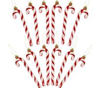 12 Pack Glitter Candy Cane Christmas Decorations, Red and White Hanging Ornaments for Xmas Tree, Plastic Candy Cane Baubles for Holiday Party, Gift or Home Decor