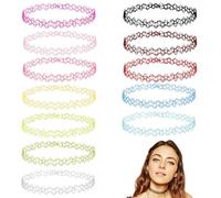 12 Pack Gothic Tattoo Choker Necklace Set Adjustable Elastic Lace Style Necklaces for Women and Girls in Black Red Pink Blue Green White Gold