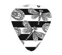 12 Pack Guitar Picks,Dragonfly On Black White Stripe 3 Different Thickness Guitar Pick Plectrums For Bass,Ukulele,Electric,Acoustic Guitar