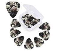 12 Pack Guitar Picks Plectrums with Organizer Storage Box, 0.46 0.96 0.71 mm Includes Thin Medium Heavy Thickness Black and White Flowers and Skull Personalized Bass