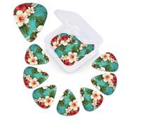 12 Pack Guitar Picks Plectrums with Organizer Storage Box, 0.46 0.96 0.71 mm Includes Thin Medium Heavy Thickness Hawaiian flowers on green background Personalized Bass
