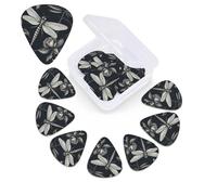 12 Pack Guitar Picks Plectrums with Organizer Storage Box, 0.46 0.96 0.71 mm Includes Thin Medium Heavy Thickness Black flowers and dragonfly Personalized Bass