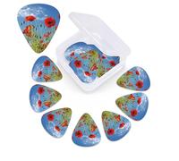 12 Pack Guitar Picks Plectrums with Organizer Storage Box Poppies on Blue Sky Guitar Pick Thin, Medium & Heavy Bass Picks for Electric Acoustic Ukulele Guitars Gift for Men Women