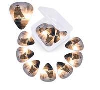 12 Pack Guitar Picks with Organizer Storage Box, 0.46mm, 0.71mm, 0.96mm Thin Medium Heavy Bass Plectrum, White Sailing Ship at Sunset Guitar Picks for Acoustic Ukulele Guitar Accessories