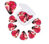 12 Pack Guitar Picks with Organizer Storage Box, 0.46mm, 0.71mm, 0.96mm Thin Medium Heavy Bass Plectrum, Orchid Stone Red Candles Guitar Picks for Acoustic Ukulele Guitar Accessories