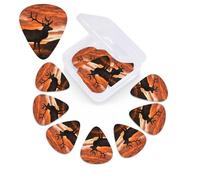 12 Pack Guitar Picks with Organizer Storage Box, 0.46mm, 0.71mm, 0.96mm Thin Medium Heavy Bass Plectrum, Red Deer Bull Elk Sunset Guitar Picks for Acoustic Ukulele Guitar Accessories
