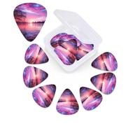12 Pack Guitar Picks with Organizer Storage Box, 0.46mm, 0.71mm, 0.96mm Thin Medium Heavy Bass Plectrum, Purple Sunset on Water Guitar Picks for Acoustic Ukulele Guitar Accessories