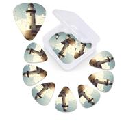 12 Pack Guitar Picks with Organizer Storage Box, 0.46mm, 0.71mm, 0.96mm Thin Medium Heavy Bass Plectrum, Old Lighthouse Guitar Picks for Acoustic Ukulele Guitar Accessories