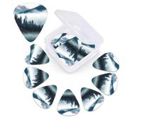 12 Pack Guitar Picks with Organizer Storage Box, 0.46mm, 0.71mm, 0.96mm Thin Medium Heavy Bass Plectrum, Foggy Mountains Landscape Guitar Picks for Acoustic Ukulele Guitar Accessories