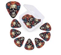 12 Pack Guitar Picks with Organizer Storage Box,Thin, Medium & Heavy 3 Different Thickness Guitar Pick Skull Surrounded by Flowers Bass Plectrums for Ukulele Acoustic Guitar Accessories