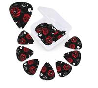 12 Pack Guitar Picks with Organizer Storage Box,Thin, Medium & Heavy 3 Different Thickness Guitar Pick Black White and Red Roses Bass Plectrums for Ukulele Acoustic Guitar Accessories