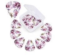 12 Pack Guitar Picks with Organizer Storage Box,Thin, Medium & Heavy 3 Different Thickness Guitar Pick Three Purple Flowers Bass Plectrums for Ukulele Acoustic Guitar Accessories