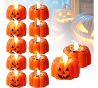 12-Pack Halloween LED Tealights - 3D Pumpkin Candles with Realistic Flicker & 2 Patterns, Battery Powered Orange Lights for Fireplace & Parties