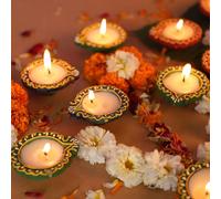 12 Pack Hand Painted Terracotta Diya, Wax Filled Oil Lamps for Diwali Decor | Hand-Painted Devla Diya Set with Wax Filling and Cotton Wick, Ideal for Diwali Décor, Pooja Rituals, Gifting and Festivals