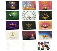 12 Pack Happy Diwali Greeting Cards,Diwali Party Invitation Card Candle Light Thank You Cards Gift Cards with Envelope and Stickers for Indian Lights Festival Party Supplies