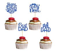 12 Pack Happy Father's Day Cupcake Toppers, Moustache Blue Glitter Best Dad, No 1 Dad Cupcake Picks, Fathers Day Cupcake Topper for Fathers Party Cake Decorations Supplies