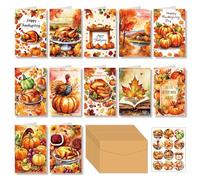 12 Pack Happy Thanksgiving Day Greeting Cards,Fall Thanksgiving Party Invitation Card Thank You Gift Cards Pumpkin Maple Leaf Turkey Pattern Card with Envelope and Stickers for Autumn Harvest Party