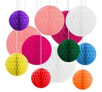 12 Pack Honeycomb Decorations Paper Balls Large Mix of 6", 8",10",12" Tissue Paper pom poms Valentine Mother's Day Birthday Baby Shower Wedding Easter Festive (Happy)