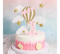 12 Pack Hot Air Balloon Cake Topper with White Cloud Little Stars for Boys First Birthday Party Decorations (Pink)