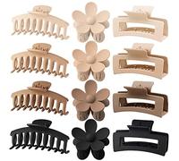 12 Pack Large Flower Matte Claw Clips 4.3 Inch Rectangle for Women Thin Thick Curly Hair, Banana Clips Strong Hold jaw clips, 3 Styles, Neutral Colors