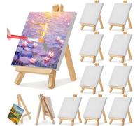 12 Pack Mini Canvas & Easel Set, 10x10cm Table Top Wooden Art Board, Adjustable Small Painting Stands, White Blank Drawing Artists Boards, Card Stand for Crafts, Artwork & Decorating