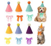 12 Pack Mini Party Hats Bows for Toy Animals Adjustable Headband Party Hat for Teddys Pastel Pom Pom Top Small Party Hats for Dogs, Cats, Dolls & Rabbit, Animal Birthday Decorations Accessories