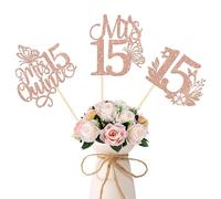 12 Pack Mis 15 Centerpiece Sticks, 15th Birthday Party Decorations, Rose Gold Glitter Quince 15 Fabulous Table Toppers Decorations for Cheers to 15 Years Old Birthday Anniversary Party Decotations