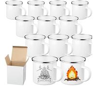 12 Pack Mother's Day Sublimation White Blanks Enamel Coffee Mug Set,12 oz Camping Outdoor Tea Camp Drinking Cups Travel Metal Skinny Mug with Silver Rim for Mothers Day Gifts Picnic Office Home Use