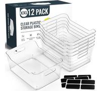 12 PACK Multi-Use Clear Plastic Storage Bins for Organizing w/ Labels - Home, Kitchen, Pantry, Bathroom, Office, Cabinet Shelf Organizer Bins - SOHO Collection, RV, Fridge Organization Containers -XXL