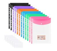 12 Pack Multicolor Punched Pockets A4 Plastic Wallets, 11 Holes Expandable Large Capacity Binder Pocket with Snap Button and Label Pocket, Plastic Envelope File Folders for School Home Office (12)