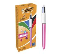 BIC 4 Colours Shine Ballpoint Pens - Box of 12 - Metallic Pink Body with 4 Ink Colours (Blue, Black, Red, Green)